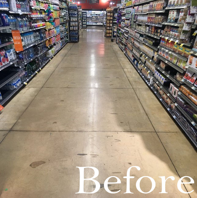 Supermarket aisle floor care — before